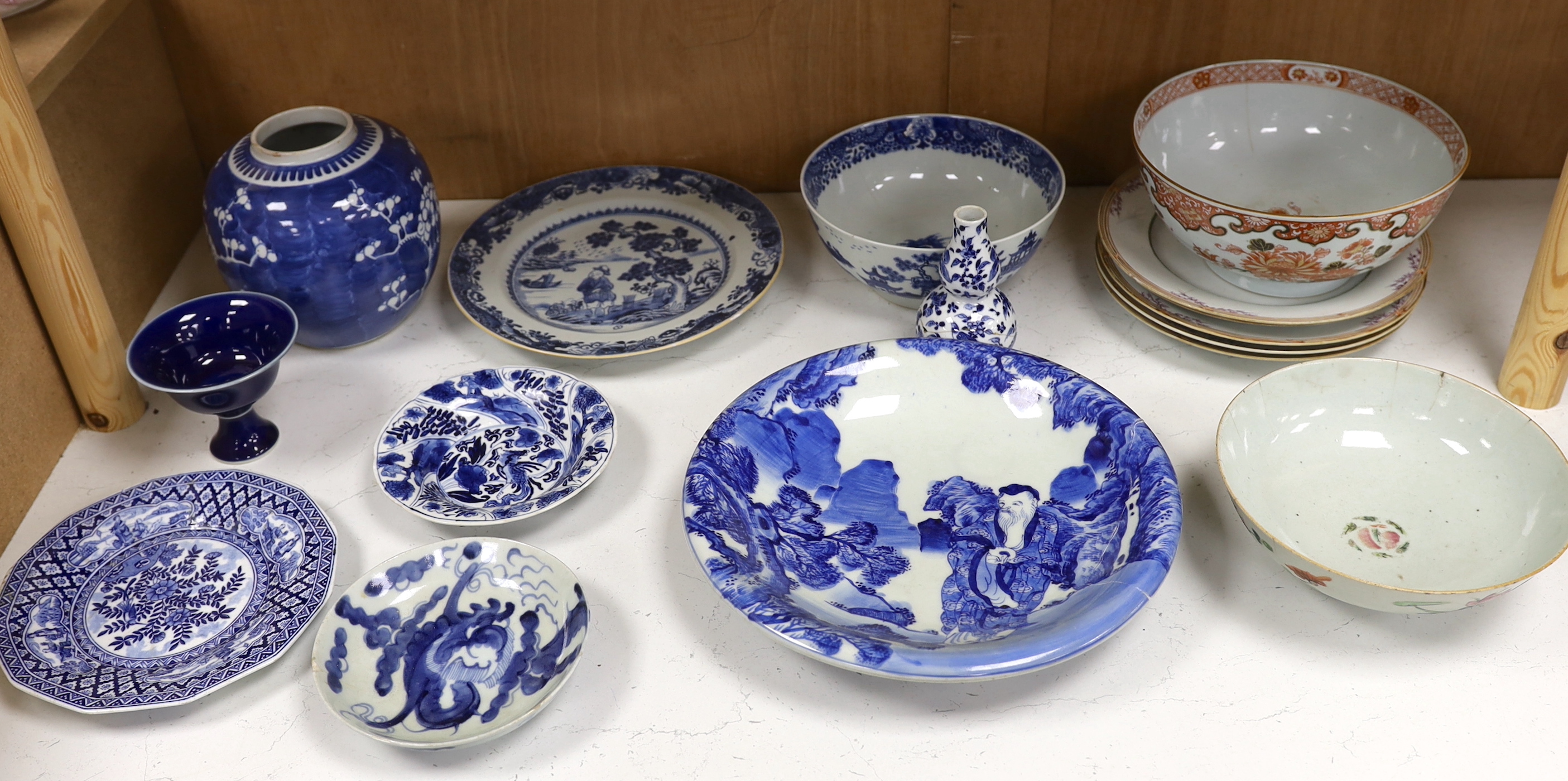 A Chinese jar, double gourd vase and pedestal dish, tallest 16cm, together with an 18th century Chinese export blue and white dish and two others, largest 26cm, an 18th/19th century Chinese bowl and five plates, bowl 10c